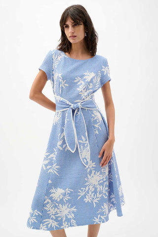 Woven Seersucker Floral Print Fit And Flare Dress