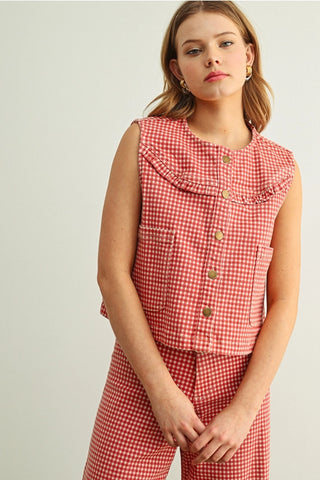Gingham Printed Button Front Vest