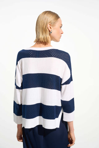 Cotton Blend Stripe Print Crewneck Sweater
