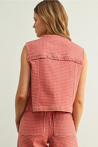 Gingham Printed Button Front Vest
