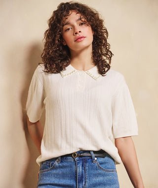 Short Sleeve Sweater Pearls Collar