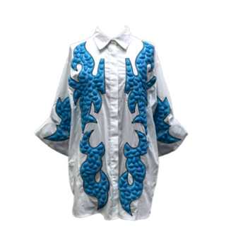 White & Jeweled Turquoise Button Up Cotton Tunic