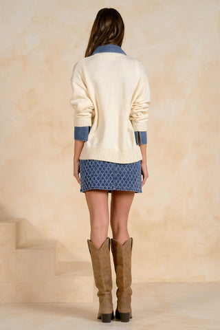 Denim-Collared Layered Pullover Knit