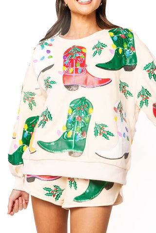 Beige Multi Christmas Cowboy Boots Sweatshirt