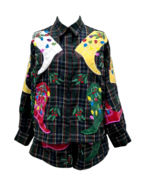 Dark Green Plaid Multi Christmas Cowboy Boots Button Up Top