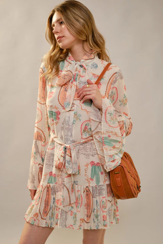 Cactus Vintage Print Pleated Mini Dress