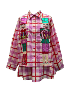 Pink & Red Plaid Metallic Nutcracker Cotton Button Up Top