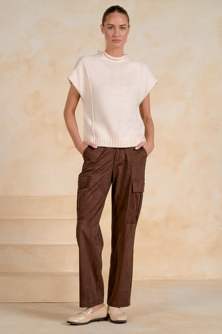 Short-Sleeve Exposed-Seam Sweater Top