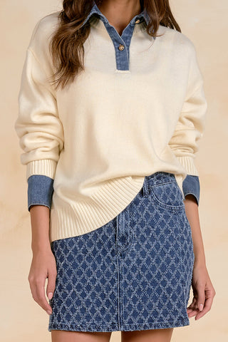 Denim-Collared Layered Pullover Knit