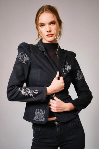 Stretch Denim Embroidered Western Blazer