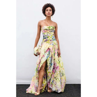 Strapless Printed High Slit Maxi Dress
