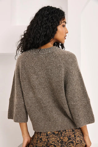 3/4 Sleeve Jewel Neck Wool Sweater