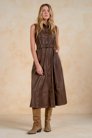 Maxi Sleeveless Button Faux Leather Dress
