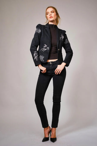 Stretch Denim Embroidered Western Blazer