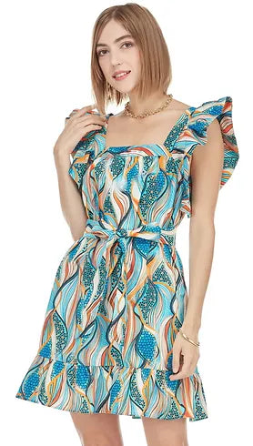 Square Neck Flutter Sleeve Dress