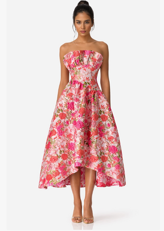 Pink Floral Jacquard Strapless High-Low Midi Dress
