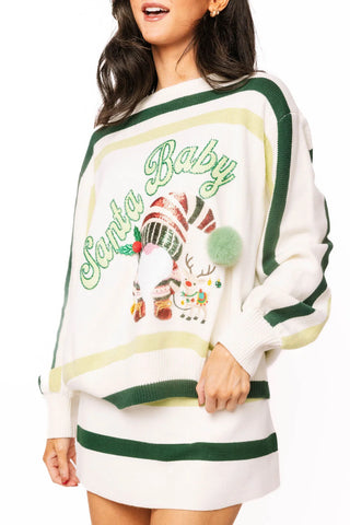 Ivory & Green Striped 'Santa Baby' Gnome Sweater